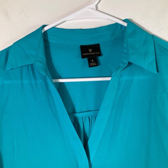 Worthington V Neck Button Shirt Turquoise S Polyester Hidden Button Placket - Picture 4 of 9